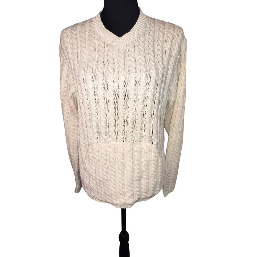 JP Beringer ladies size S/M yellow cable net crewneck pouch pocket USA sweater 